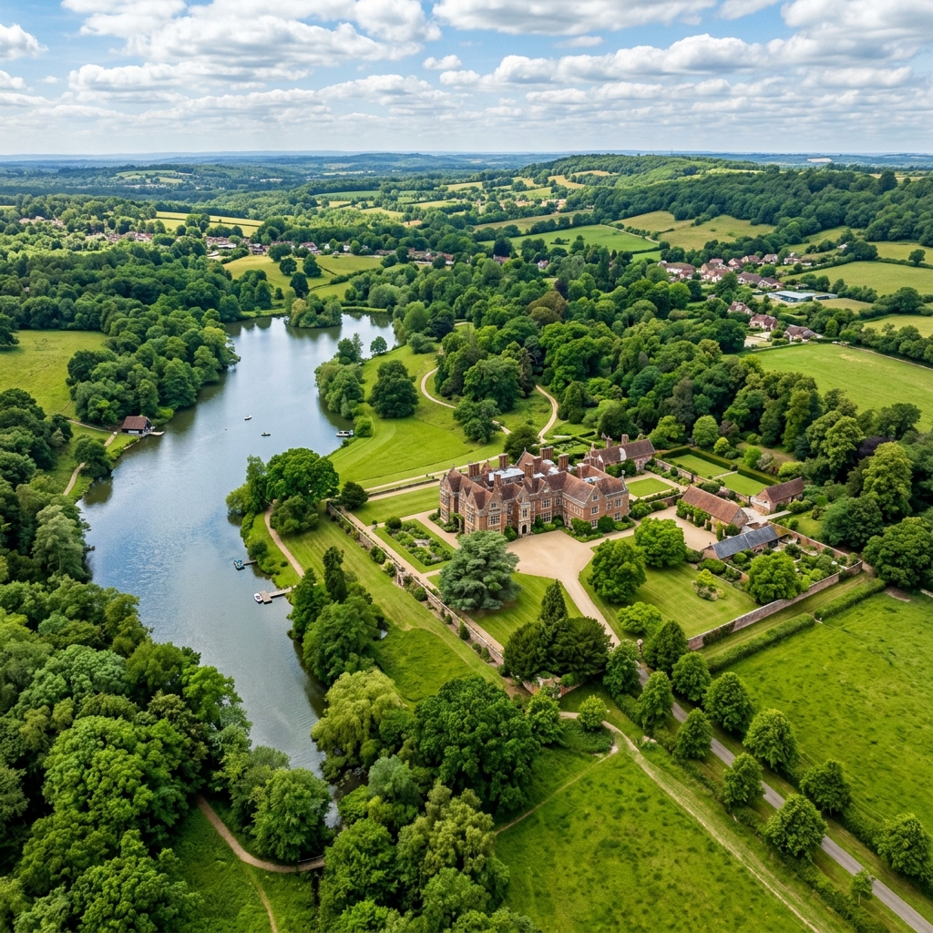 Aerial view of manor and lake